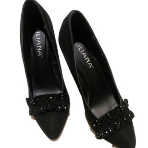 Liliana Black Rhinestone Ruffle Stiletto Pumps Size 6.5